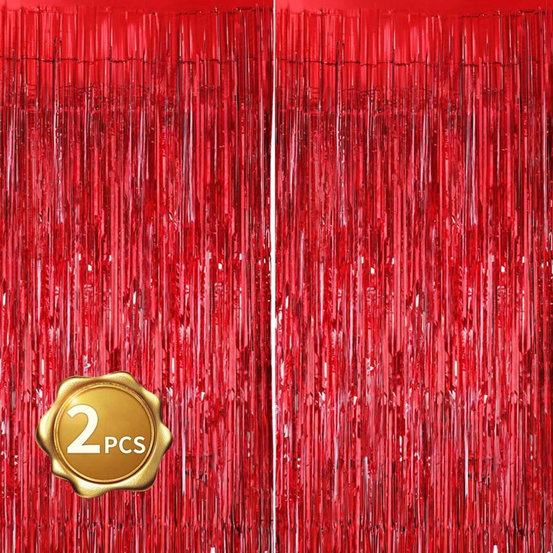BEISHIDA 2 Pcs Red Door Streamers Tinsel Curtain Party Streamers Backdrop Fringe Foil Wall Background for Birthday Valentine's Day Christmas Wedding Party Decoration(3.28 ft x 6.56 ft) - Image 1